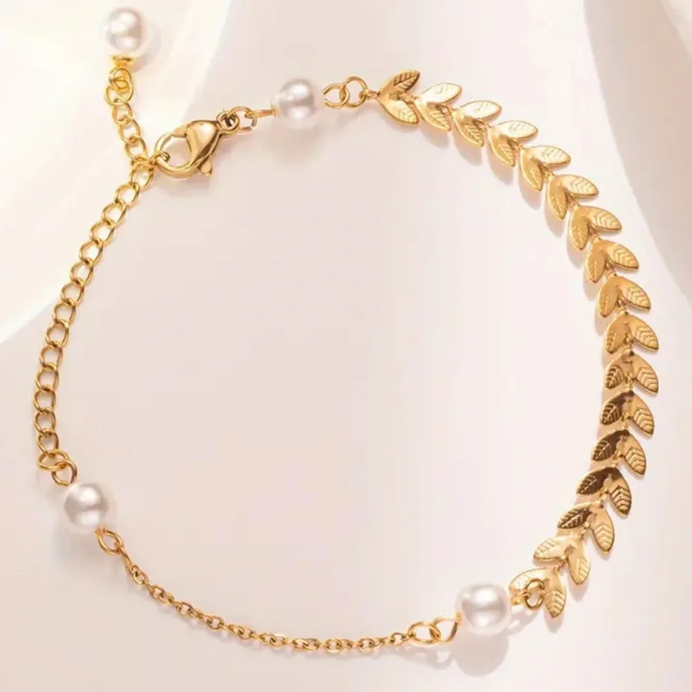 Gold Leaf Pearl Bracelet/Anklet | Delicate Wheat Chain Adjustable